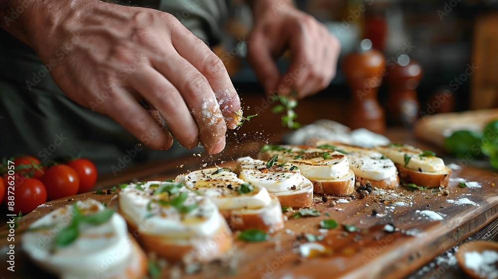 man ground spices on mozzarella on baguette slices on olive wood board wide photo : Generative AI man ground spices on mozzarella on baguette slices on olive wood board wide photo : Generative AI