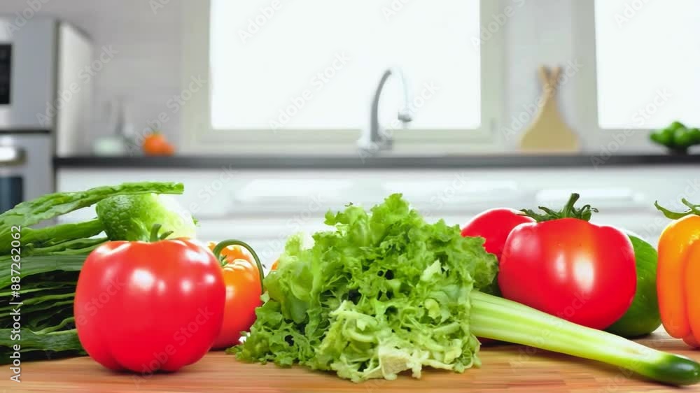 A countertop in a kitchen features a variety of fresh vegetables including tomatoes, lettuce, celery, and cucumbers. A countertop in a kitchen features a variety of fresh vegetables including tomatoes, lettuce, celery, and cucumbers.