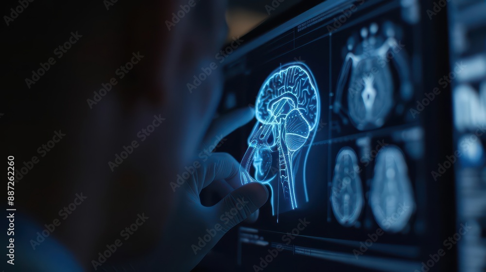 Obraz premium A physician uses a holographic interface for accurate diagnosis, futuristic with hologram, with copy space