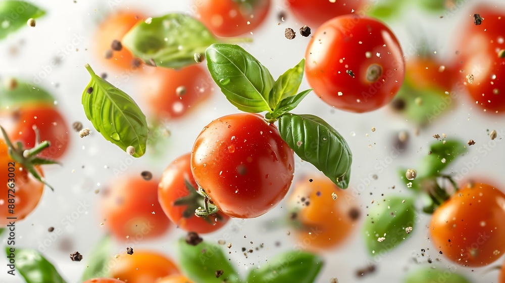 Flying ingredients of tomatoes basil pepper on white background Italian food : Generative AI Flying ingredients of tomatoes basil pepper on white background Italian food : Generative AI