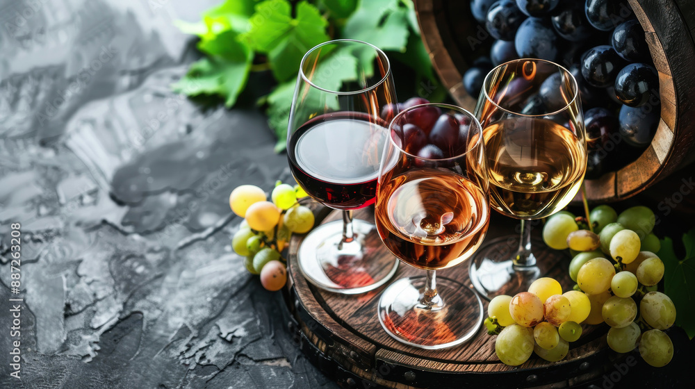 glasses filled with wine. There are grapes next to the glass. Wine day glasses filled with wine. There are grapes next to the glass. Wine day