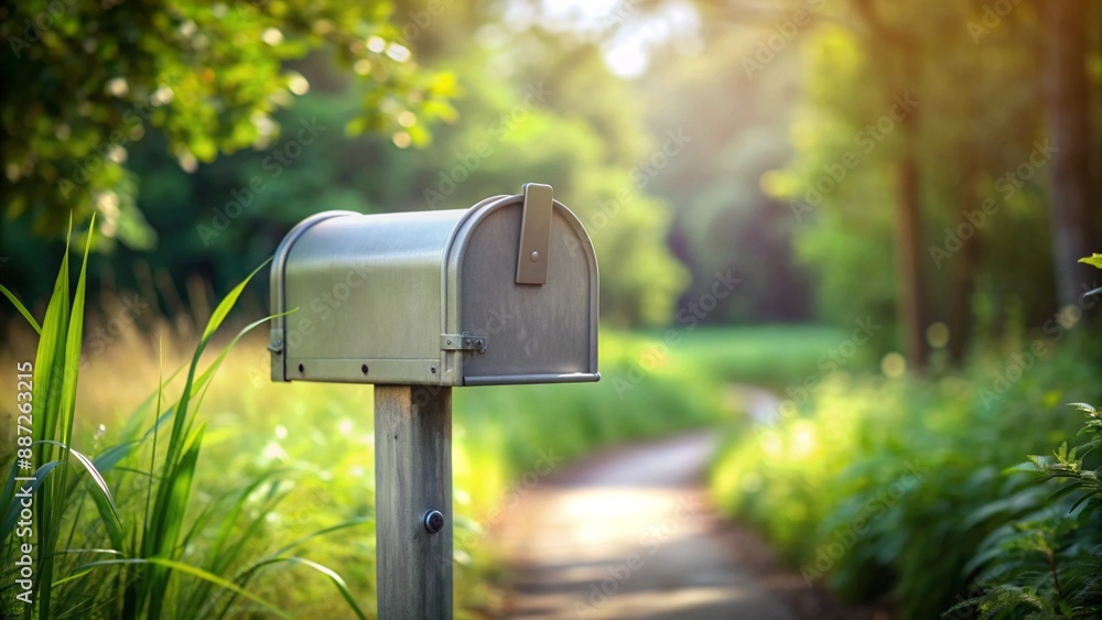 Grey mailbox with a generative AI-produced blurred nature background Grey mailbox with a generative AI-produced blurred nature background