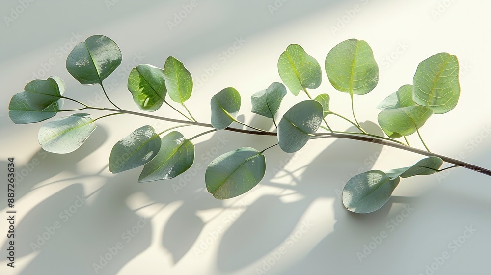 Obraz premium Green eucalyptus branch with beautiful shadows on empty light grey background Backdrop for product presentation Beauty cosmetic advertising display mockup Minimal still life Front view : Generative AI