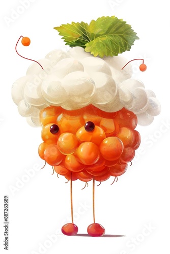 A 4D cartoon cloudberry with a cloud hat looking d 77 1905 fruit, raspberry, red, food, berry, isolated, sweet, ripe, fresh, healthy, white, glass, berries, raspberries, grape, fruits, green, grapes,  photo