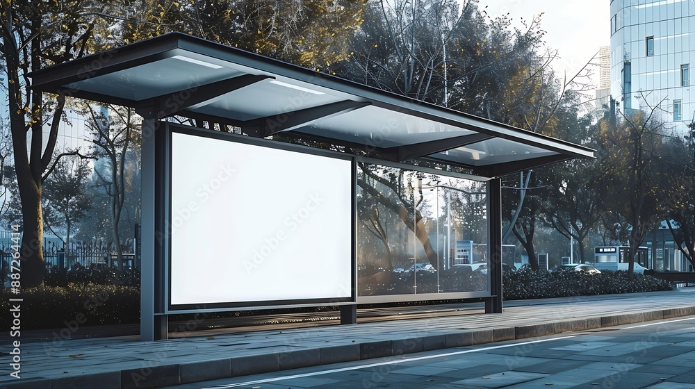 bus shelter with blank ad panel billboard display empty white lightbox sign at bus stop billboard mockup glass structure city transit station urban street park setting outdoor advertis : Generative AI bus shelter with blank ad panel billboard display empty white lightbox sign at bus stop billboard mockup glass structure city transit station urban street park setting outdoor advertis : Generative AI