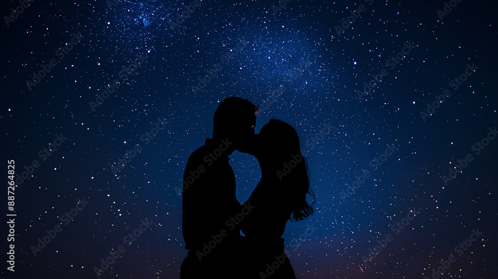 Silhouette of a couple kissing under the stars, kiss, with copy space Silhouette of a couple kissing under the stars, kiss, with copy space