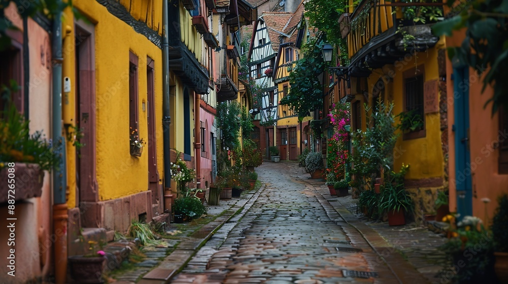 Fototapeta premium Riquewihr France Picturesque street with traditional half timbered houses on the Alsace Wine Route : Generative AI
