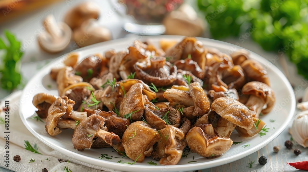 Selective focus on fried eringi mushrooms on white plate Selective focus on fried eringi mushrooms on white plate