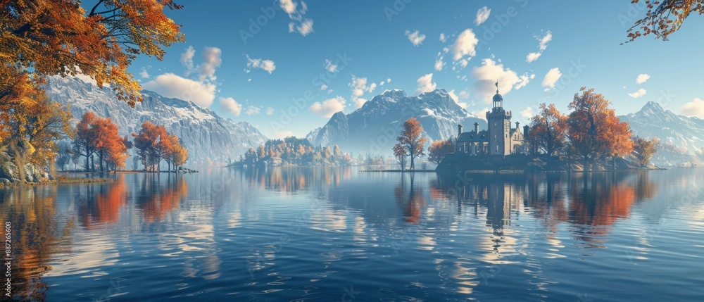Tranquil autumn landscape with a serene lake, vibrant trees, and a historical castle reflecting in the calm water under a clear blue sky. Tranquil autumn landscape with a serene lake, vibrant trees, and a historical castle reflecting in the calm water under a clear blue sky.