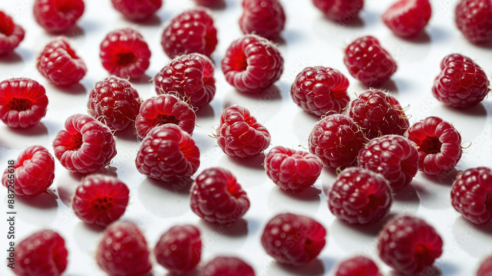 Fresh red raspberries scattered on white background