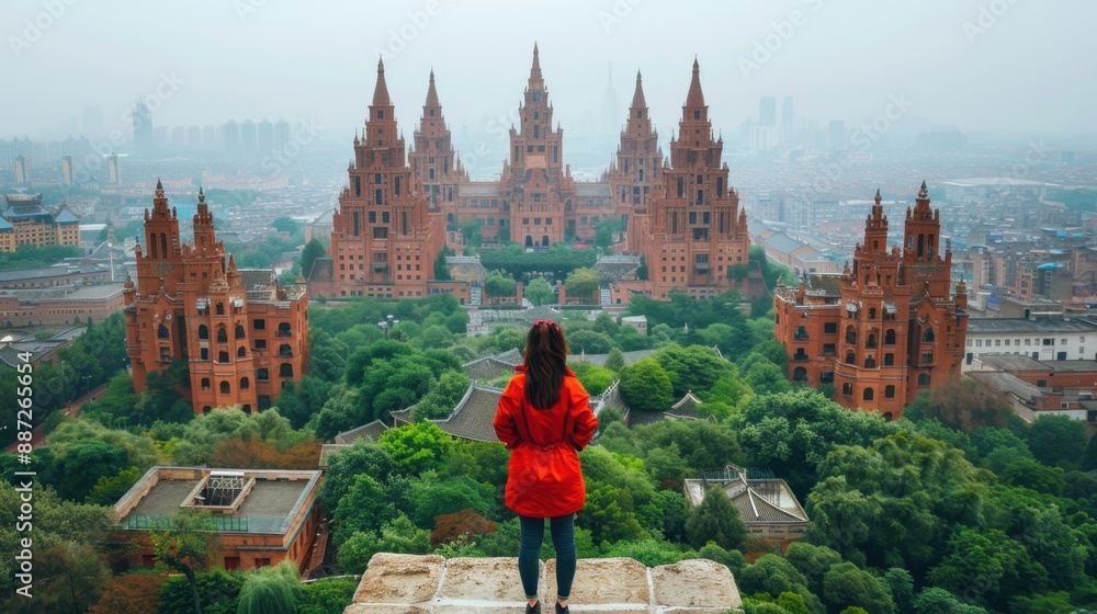 Obraz premium Traveler admiring the view of ancient red buildings surrounded by lush greenery, capturing the essence of historic architecture and exploration.