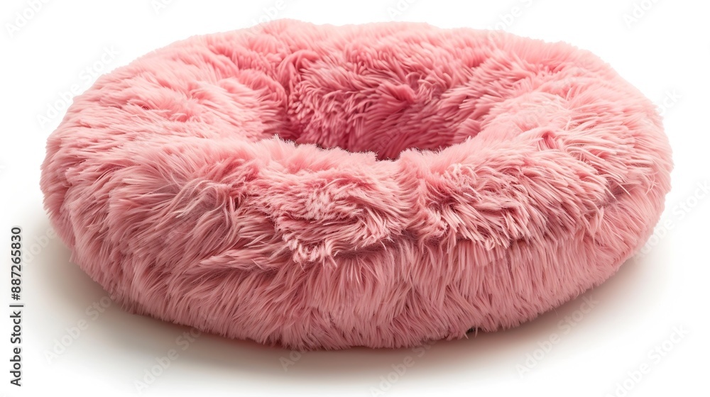 © Generative AI - Pink soft round plush pet bed isolated on white : Generative AI