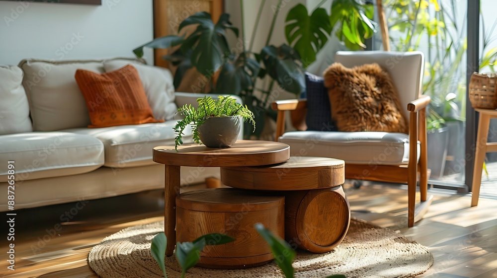 Wooden nesting tables near houseplant and armchair in room Interior design : Generative AI Wooden nesting tables near houseplant and armchair in room Interior design : Generative AI