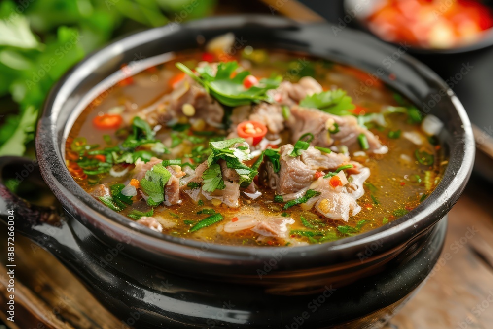 Khao Tom rice soup splashing, with tender meat, fragrant broth, and fresh herbs creating a comforting and savory explosion Khao Tom rice soup splashing, with tender meat, fragrant broth, and fresh herbs creating a comforting and savory explosion