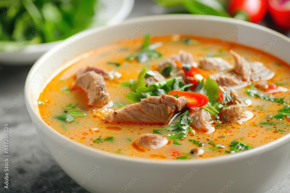 Khao Tom rice soup splashing, with tender meat, fragrant broth, and fresh herbs creating a comforting and savory explosion Khao Tom rice soup splashing, with tender meat, fragrant broth, and fresh herbs creating a comforting and savory explosion