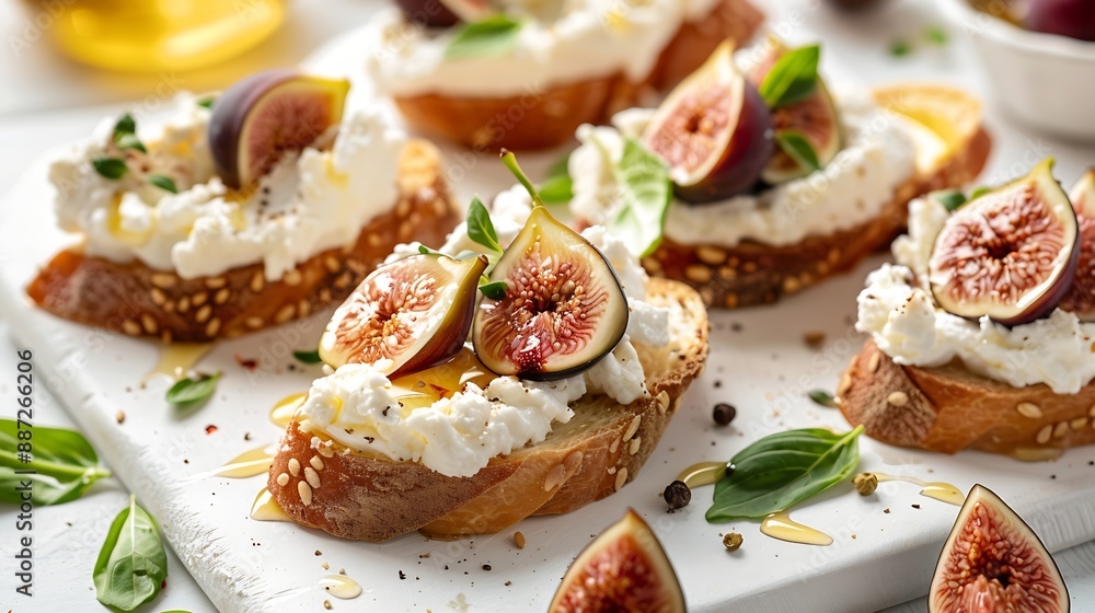 Crostini with ricotta cheese figs and honey on white background Italian recipe menu Long banner format top view : Generative AI Crostini with ricotta cheese figs and honey on white background Italian recipe menu Long banner format top view : Generative AI
