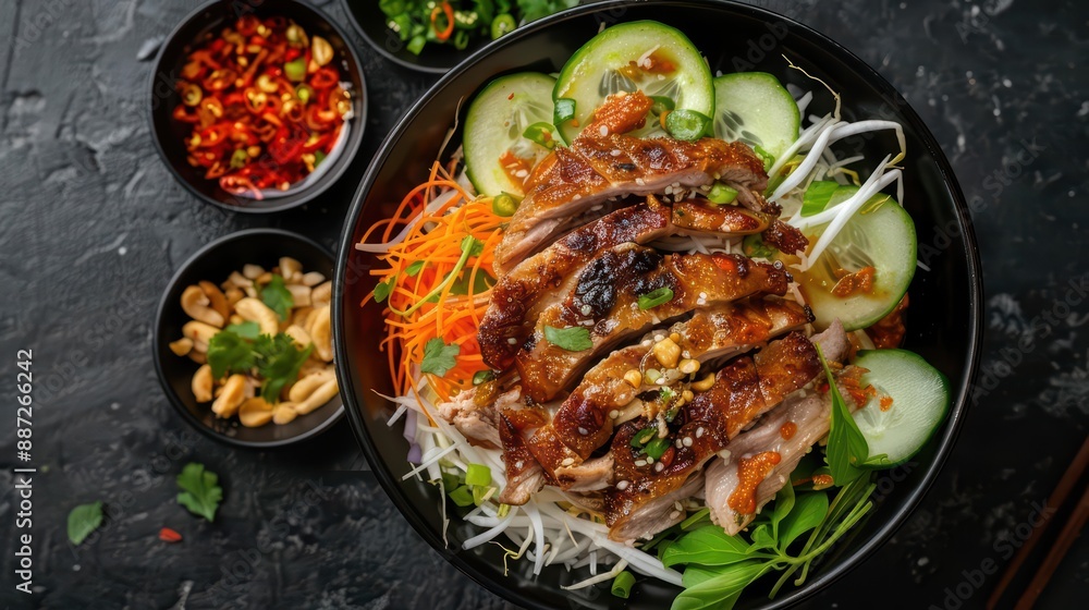 Namtok Moo in midtoss, with grilled pork, herbs, and spicy dressing creating a vibrant and aromatic burst Namtok Moo in midtoss, with grilled pork, herbs, and spicy dressing creating a vibrant and aromatic burst
