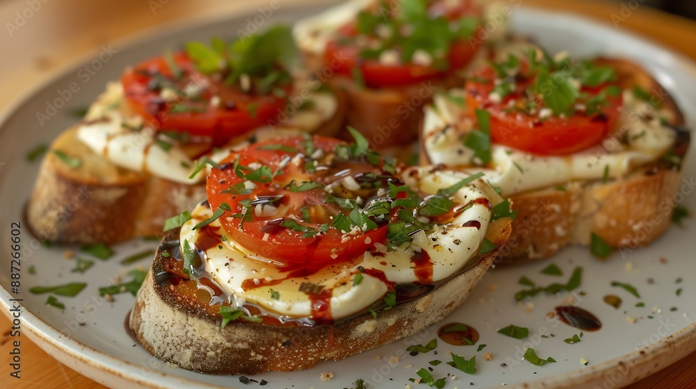 Italian bruschetta with roasted tomatoes mozzarella cheese balsamic vinegar and herbs on plate : Generative AI Italian bruschetta with roasted tomatoes mozzarella cheese balsamic vinegar and herbs on plate : Generative AI