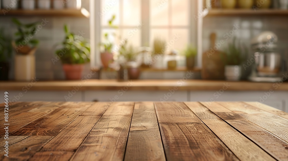 Wood table top on blurred kitchen background can be used mock up for montage products display or design layout : Generative AI Wood table top on blurred kitchen background can be used mock up for montage products display or design layout : Generative AI