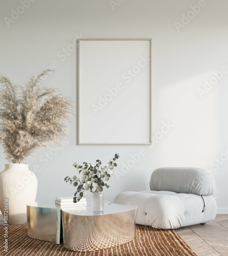 Blank poster frame mock up in cozy living room interior background, modern Scandinavian style, 3D render