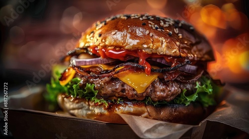 Delicious gourmet hamburger with juicy beef patty, melted cheese, caramelized onions, and fresh lettuce, perfect for fast food lovers.