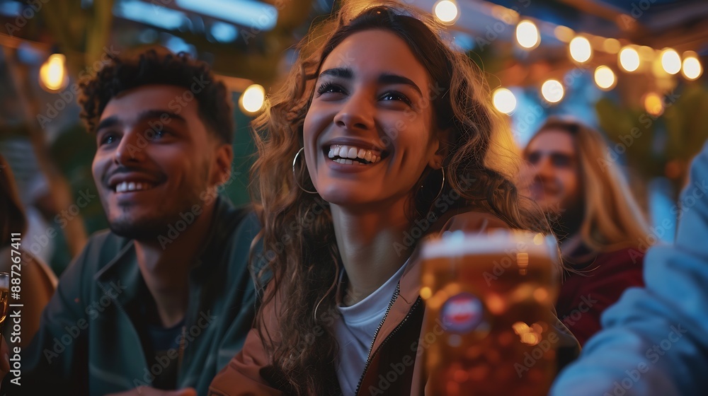 Young ethnically diverse friends enjoying spending evening together watching soccer game drinking beer and chatting : Generative AI Young ethnically diverse friends enjoying spending evening together watching soccer game drinking beer and chatting : Generative AI