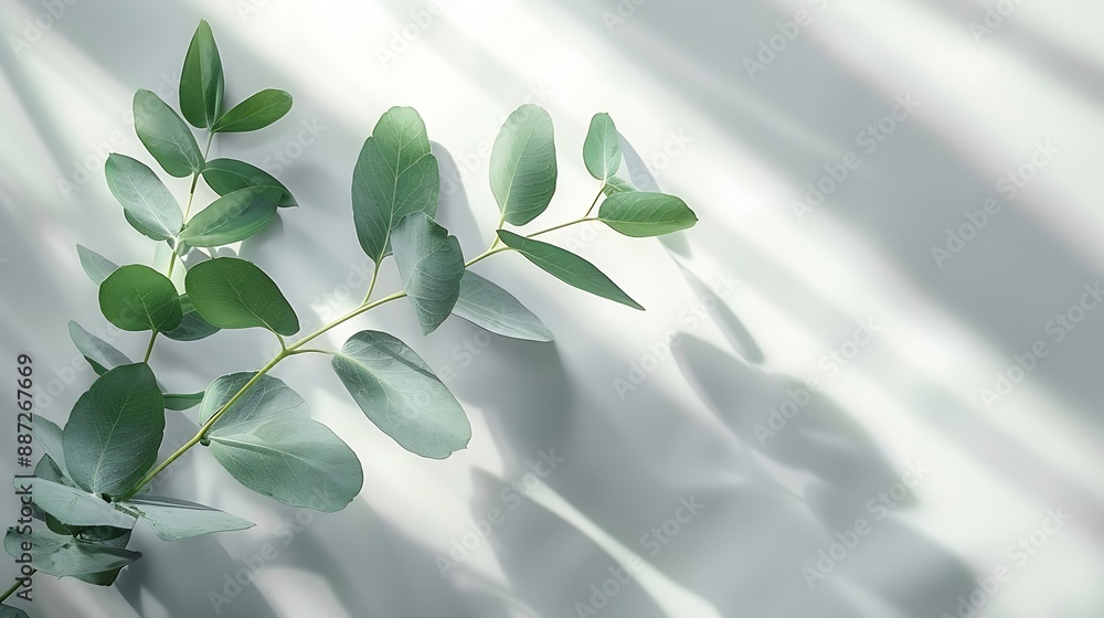 Obraz premium Green eucalyptus branch with beautiful shadows on empty light grey background Backdrop for product presentation Beauty cosmetic advertising display mockup Minimal still life Front view : Generative AI