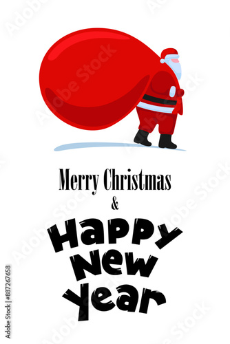 Santa Claus cartoon character coming and carries large heavy gifts red bag. Merry Christmas and Happy New year 2025 holiday greeting card. Vector celebration poster illustration