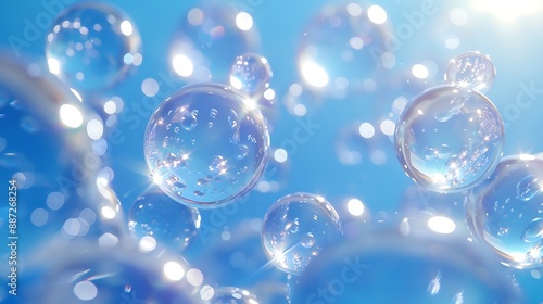 Blue background with transparent glass balls Minimal concept and soft sunlight : Generative AI