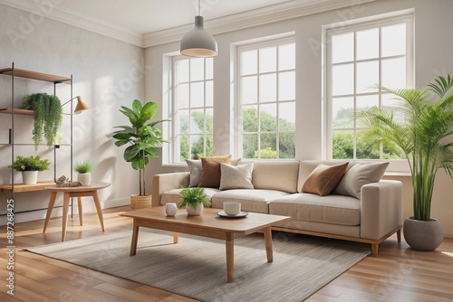 Elegant and minimalist living room with light beige decor, featuring comfortable sofa, wooden coffee table, large window, white walls, green plants, and fresh flowers in vases, sofa