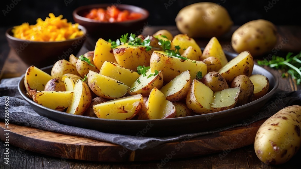potatoes and carrots are on a plate on a wooden table potatoes and carrots are on a plate on a wooden table
