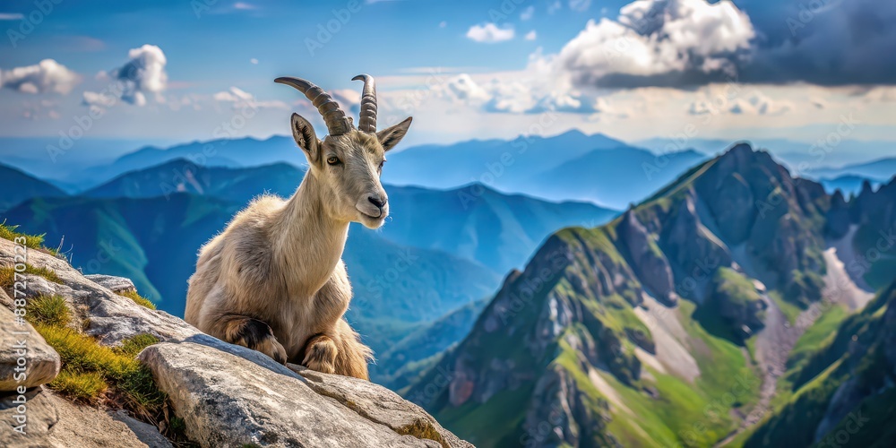 Mountain goat crouched on a rock in sunny summer day with mountain landscape in background, mountain, goat, rock, sunny Mountain goat crouched on a rock in sunny summer day with mountain landscape in background, mountain, goat, rock, sunny