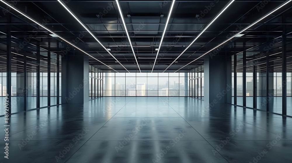 An empty office space with a black ceiling a glass office without furniture : Generative AI An empty office space with a black ceiling a glass office without furniture : Generative AI