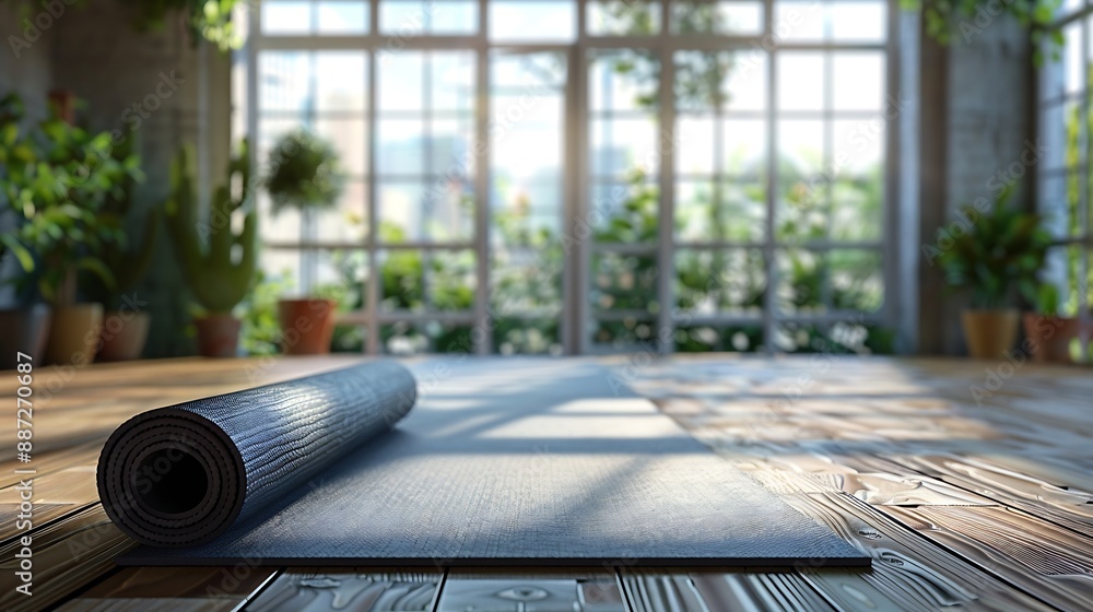 Empty fitness center interior with big windows and unrolled yoga mat on wooden floor modern loft studio comfortable space for work out and sport training exercise plants in pots : Generative AI Empty fitness center interior with big windows and unrolled yoga mat on wooden floor modern loft studio comfortable space for work out and sport training exercise plants in pots : Generative AI