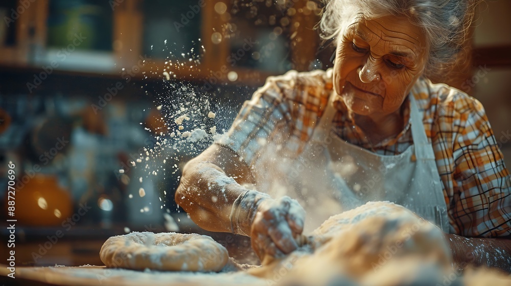 Senior woman sprinkling flour on dough at home : Generative AI Senior woman sprinkling flour on dough at home : Generative AI