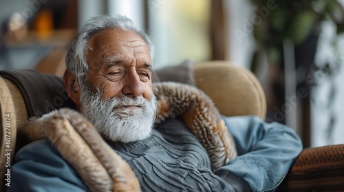 Portrait of a senior man relaxing on chair at home : Generative AI