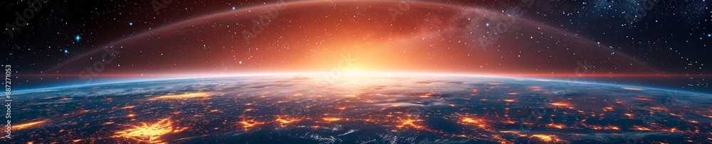 An abst5ract technology background with a huge lit up circle in the sky. An abst5ract technology background with a huge lit up circle in the sky.