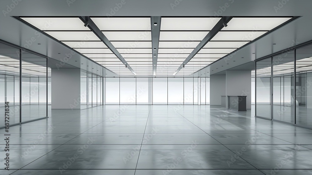 Interior of modern empty office buildingOpen ceiling designEquipped with automatic lifting table and LCD screen : Generative AI Interior of modern empty office buildingOpen ceiling designEquipped with automatic lifting table and LCD screen : Generative AI