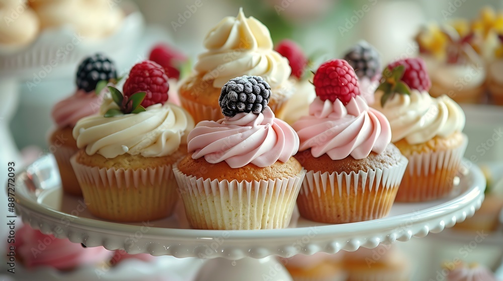 Assortment of beautiful cupcakes on a cakestand for afternoon tea : Generative AI Assortment of beautiful cupcakes on a cakestand for afternoon tea : Generative AI