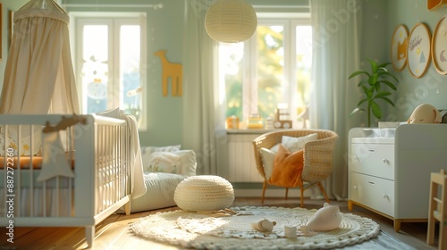 Delight in the charm of a chic nursery with this adorable photo Soft colors playful decor and cozy furnishings create a nurturing environment perfect for showcasing stylish and functio : Generative AI photo