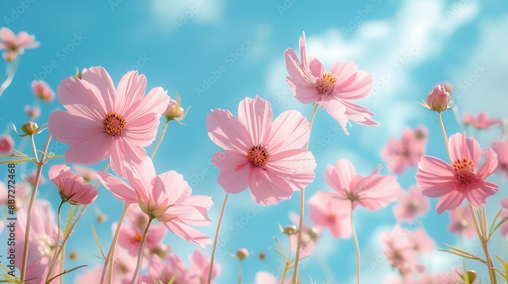 Pink cosmos flowers with blue sky in garden : Generative AI Pink cosmos flowers with blue sky in garden : Generative AI