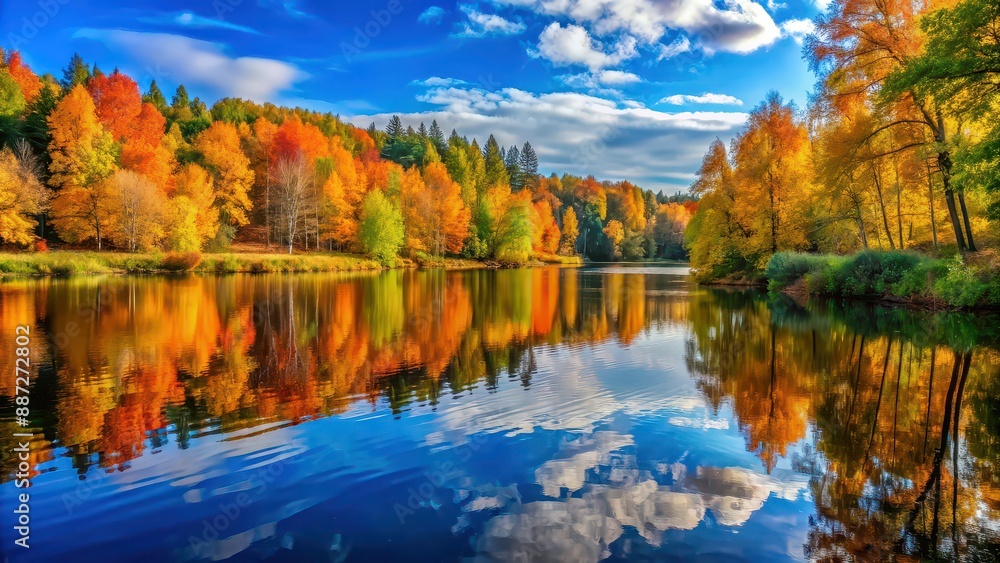 Serene autumn landscape in the forest with a calm lake, colorful trees against a blue sky , autumn, landscape, forest, park, water Serene autumn landscape in the forest with a calm lake, colorful trees against a blue sky , autumn, landscape, forest, park, water