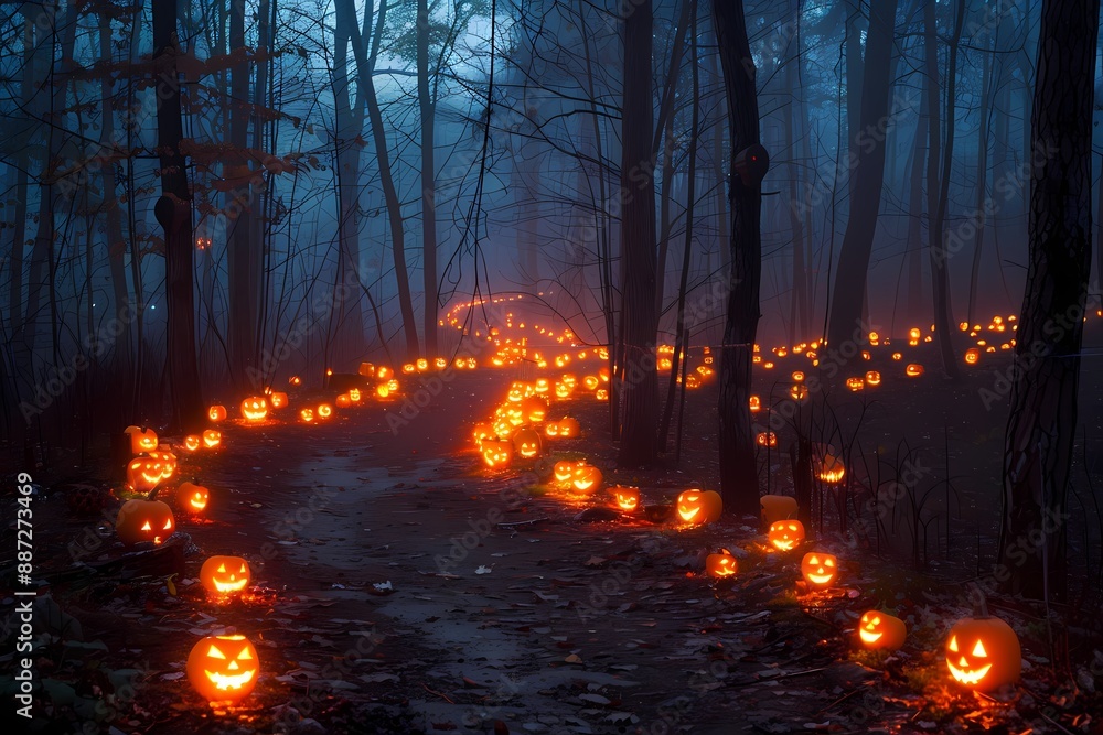 Obraz premium A mysterious forest path with glowing jack-o'-lanterns creating an eerie Halloween atmosphere