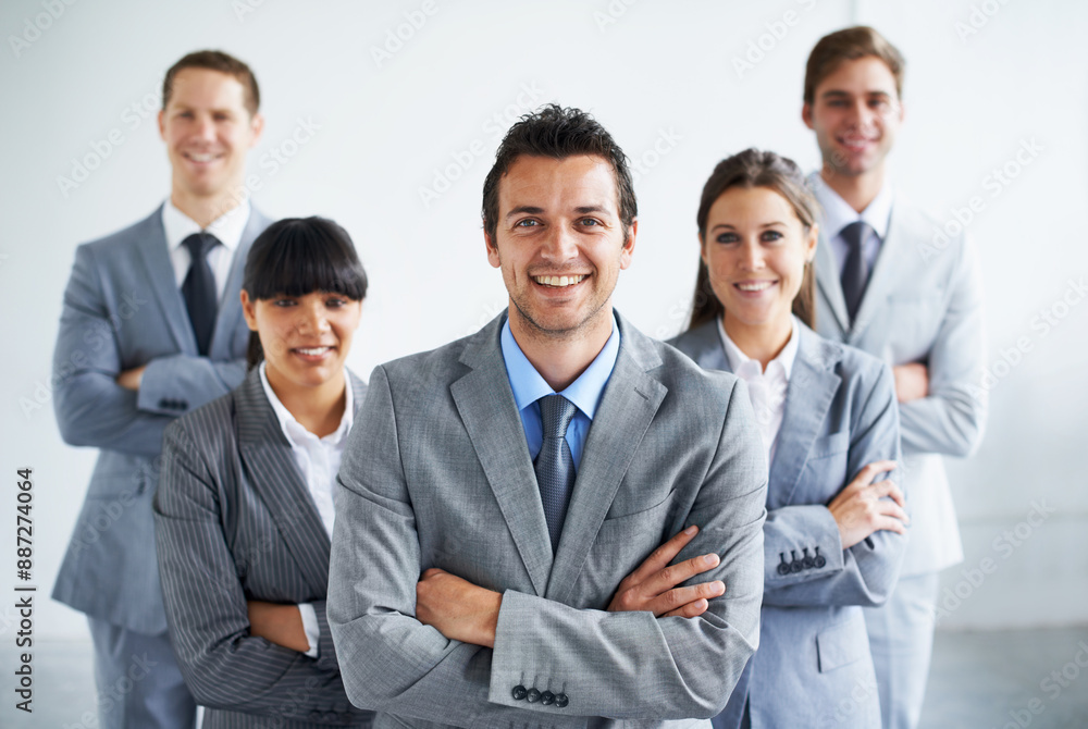 Businessman, portrait and leader with team, arms crossed and happy for future in finance career. Colleagues, accountants in suit and professional in workplace, people in background and confident Businessman, portrait and leader with team, arms crossed and happy for future in finance career. Colleagues, accountants in suit and professional in workplace, people in background and confident