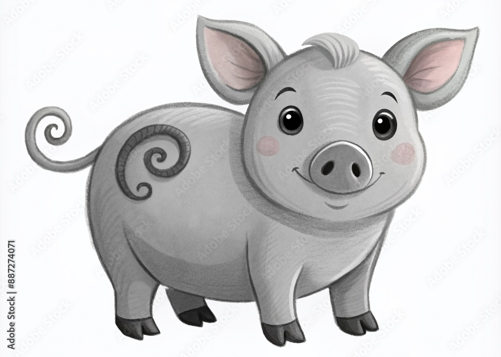 Fototapeta premium Adorable pink pig with curly tail and floppy ears stands on white background, looking directly at camera with cute and curious expression.