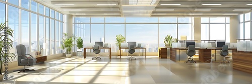 Modern Office Illustration with Large Windows and City View