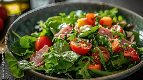 Wallpaper Mural Fresh and vibrant salad with greens, cherry tomatoes, and sliced onions, garnished with sesame seeds in a ceramic bowl. Torontodigital.ca
