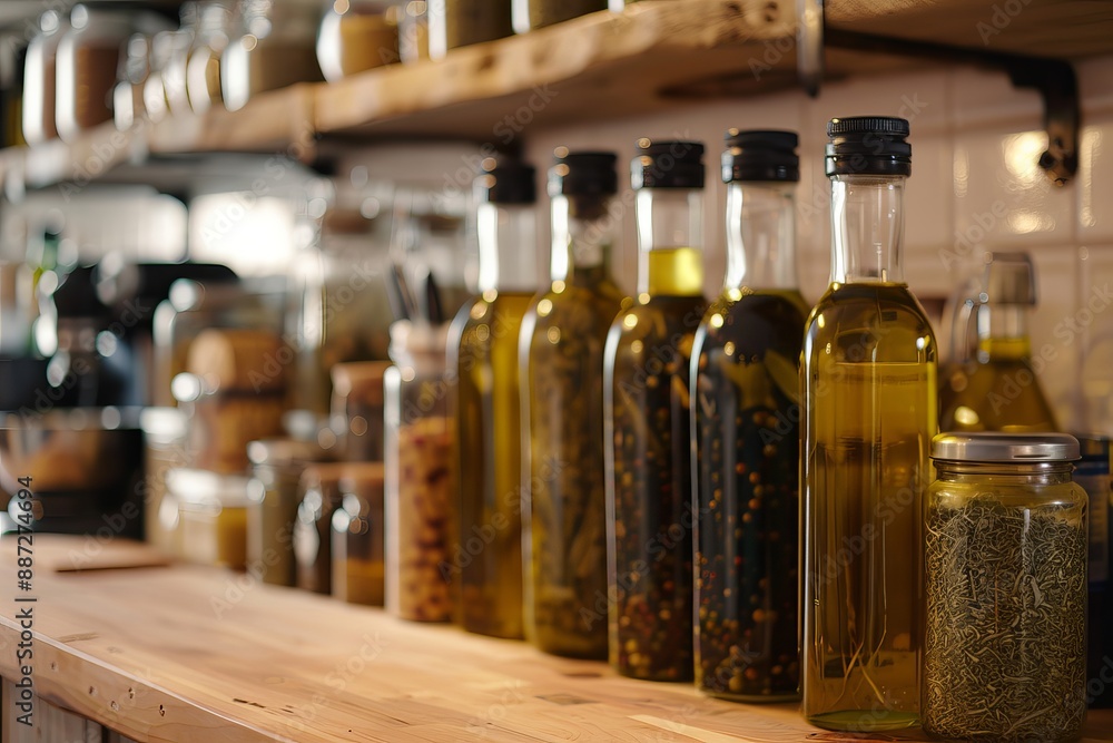 Tall olive oil bottles and various spice jars in the kitchen Tall olive oil bottles and various spice jars in the kitchen
