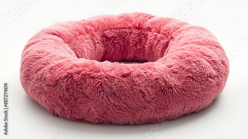 Pink soft round plush pet bed isolated on white : Generative AI