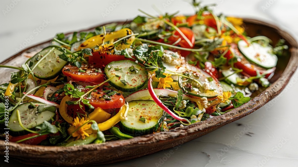 Fresh and colorful mixed vegetable salad with tomatoes, cucumbers, herbs, and flowers on a rustic wooden plate. Fresh and colorful mixed vegetable salad with tomatoes, cucumbers, herbs, and flowers on a rustic wooden plate.